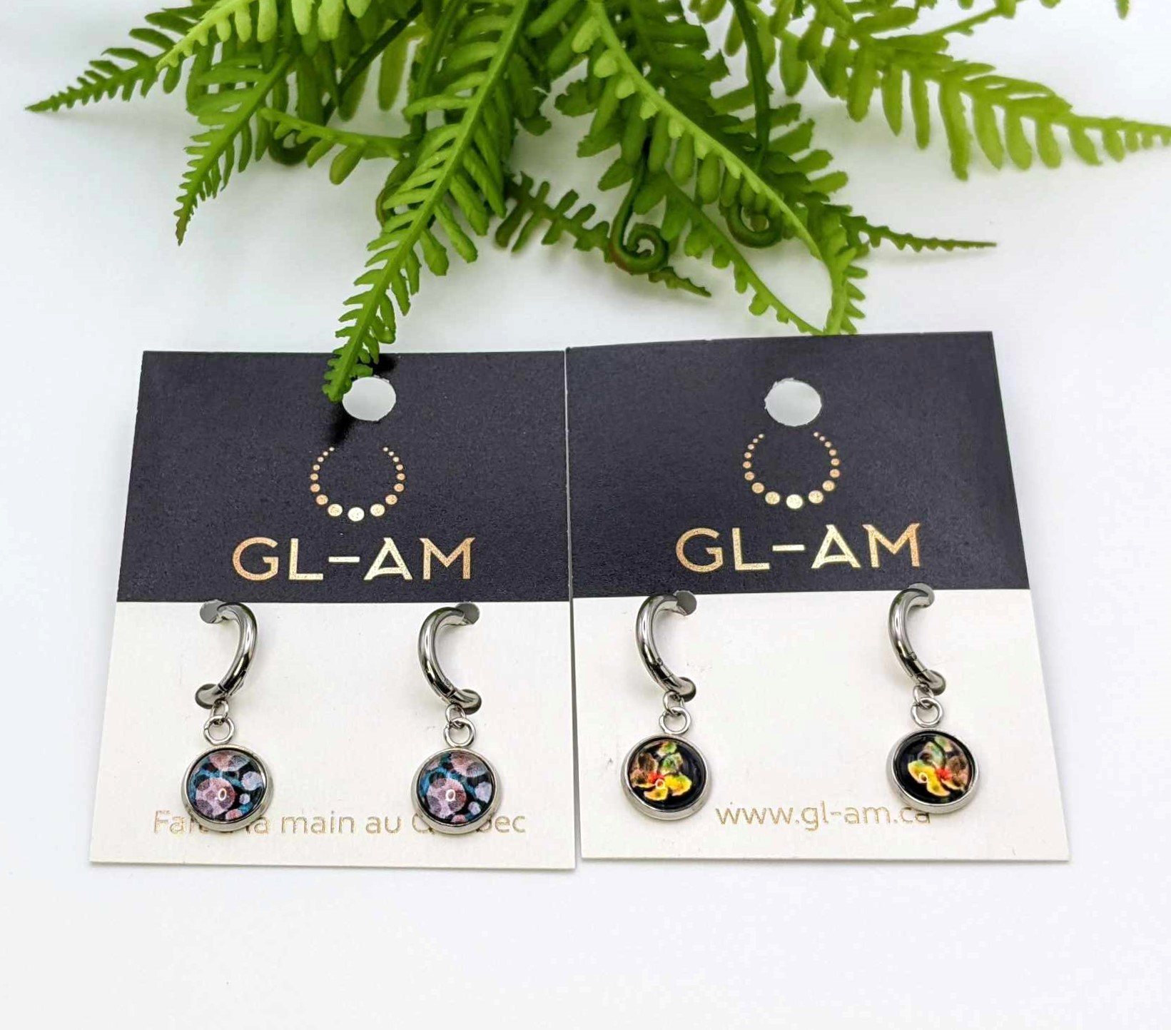 Boucles d'oreilles pendantes - images sous verre rondes (GL-AM 23-01-7)