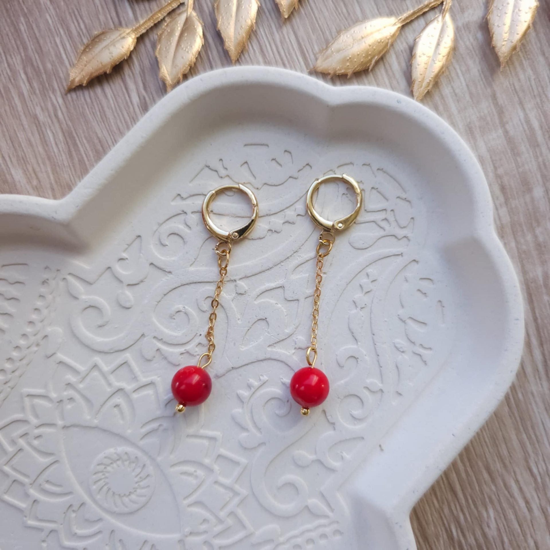 Boucles d'oreilles en Corail pendantes 8mm