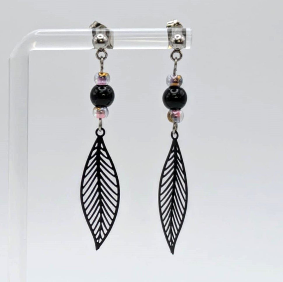 Boucles d'oreilles pendantes - Agates noires (GL-AM 23-05-45-2)