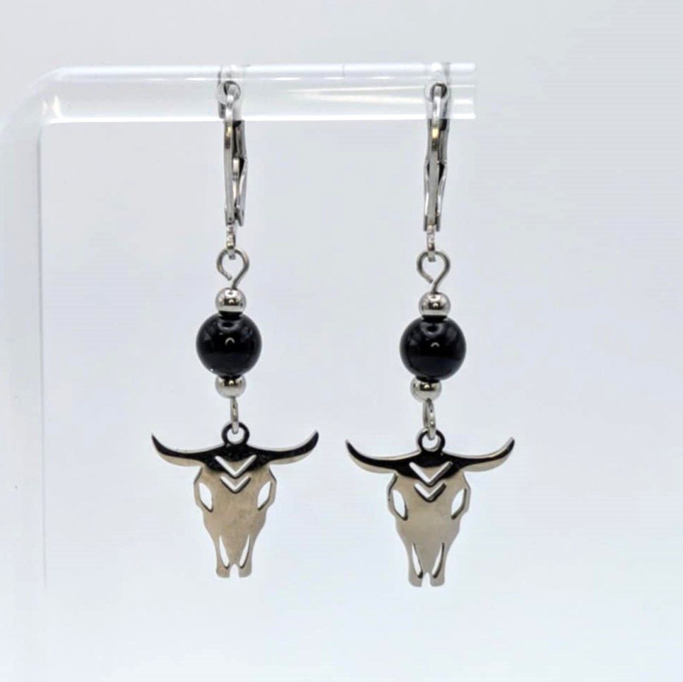 Boucles d'oreilles pendantes - Agates noires - Têtes de buffle (GL-AM 23-05-47-1)