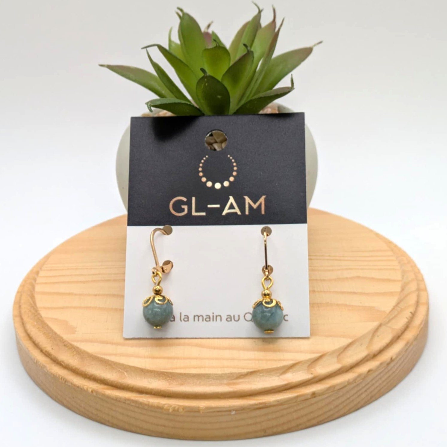 Boucles d'oreilles pendantes : pierre et dentelle, inox or (GL-AM 23-05-57)