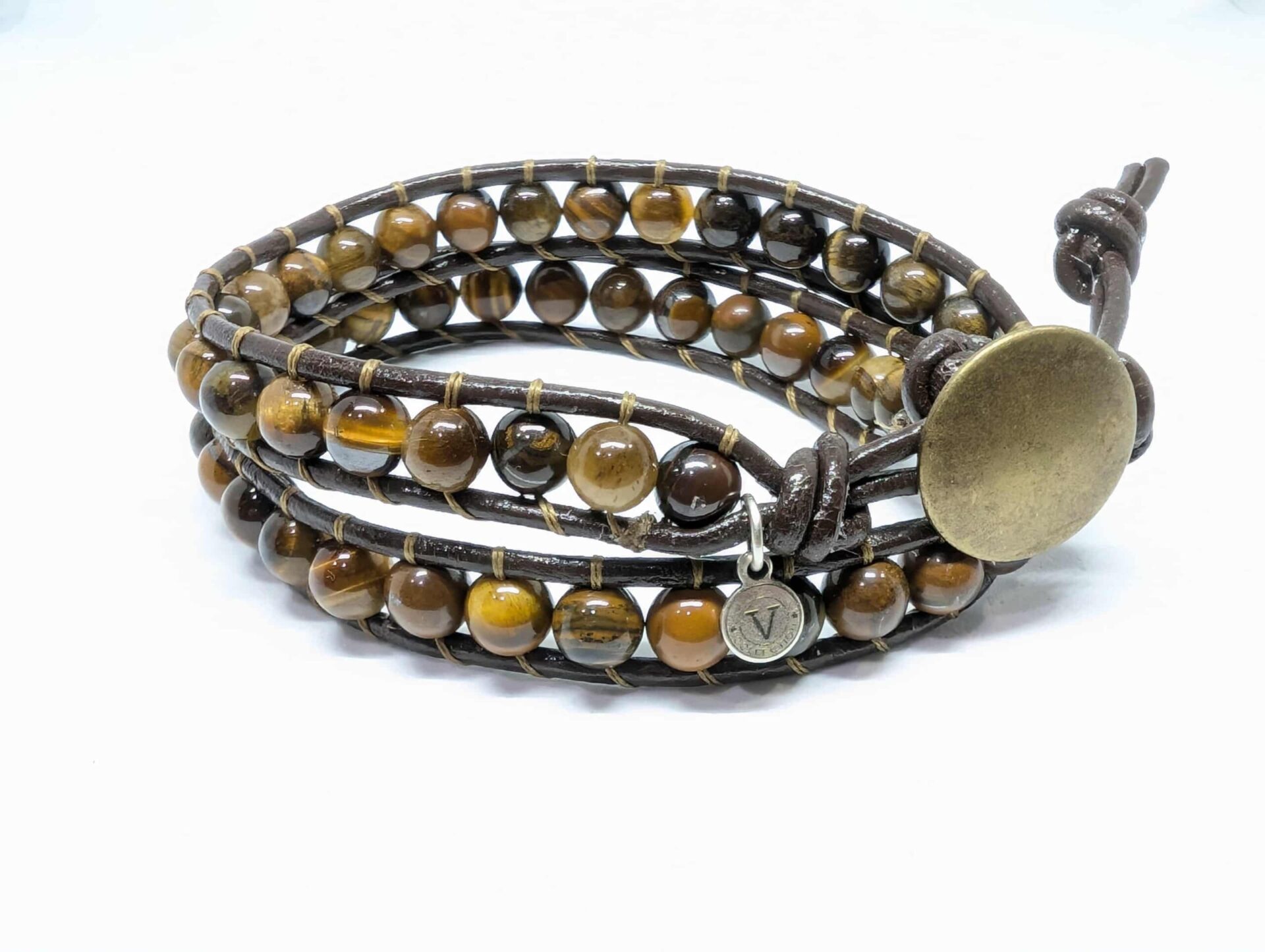 Bracelet enroulé 2 fois en cuir et Oeil de tigre (04-02)