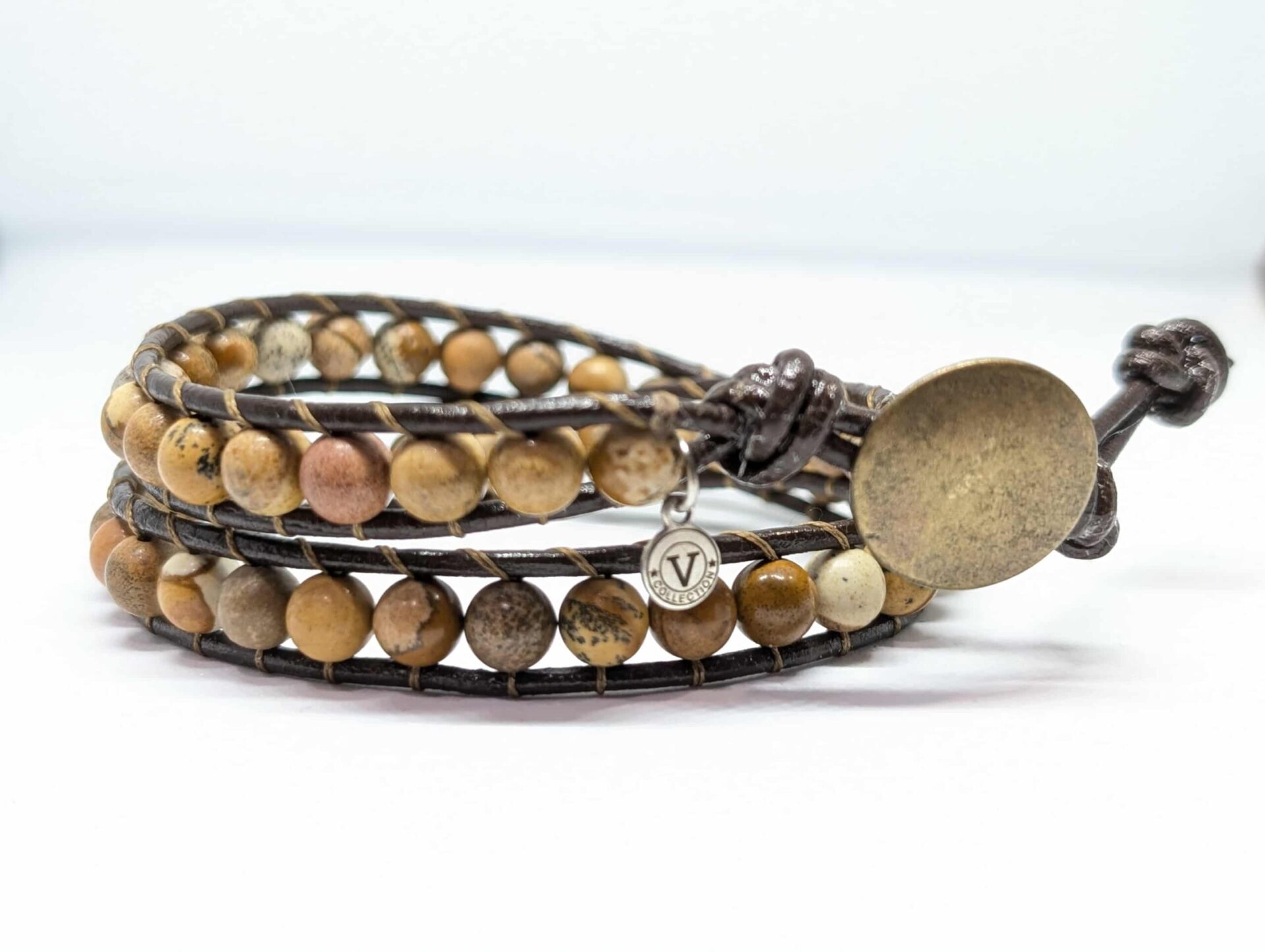 Bracelet enroulé 2 fois en cuir avec pierre de Jaspe image (04-03)