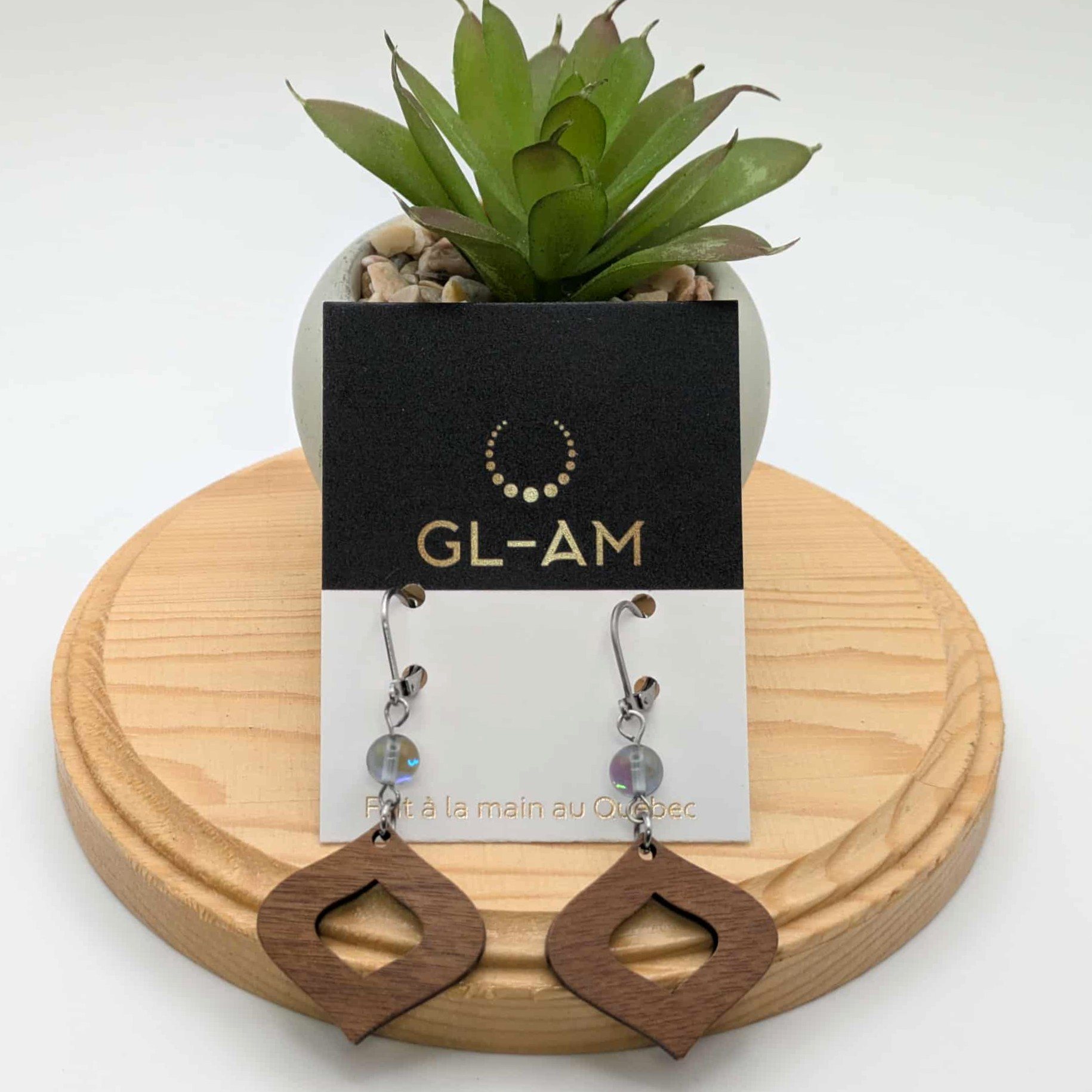 Boucles d'oreilles pendantes - Bois et verre (GL-AM 23-02-27-3)